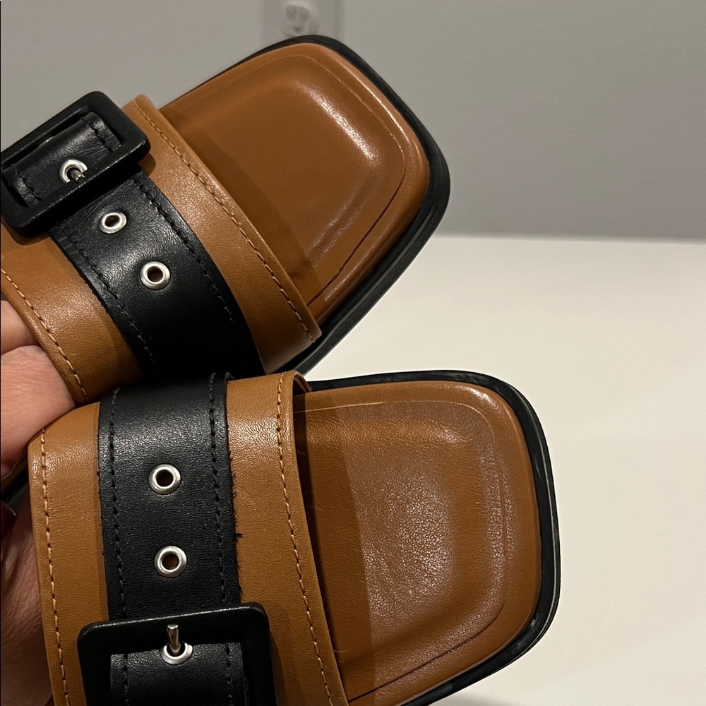 NEW Anthropologie Women’s Leather Tan and Black Buckle Slide Sandals size US 8.5 - Picture 8 of 8